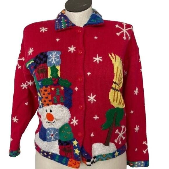 Design Options Phillip Jane Gordon Cardigan Holiday Snowman Patchwork Medium VTG - Picture 2 of 16